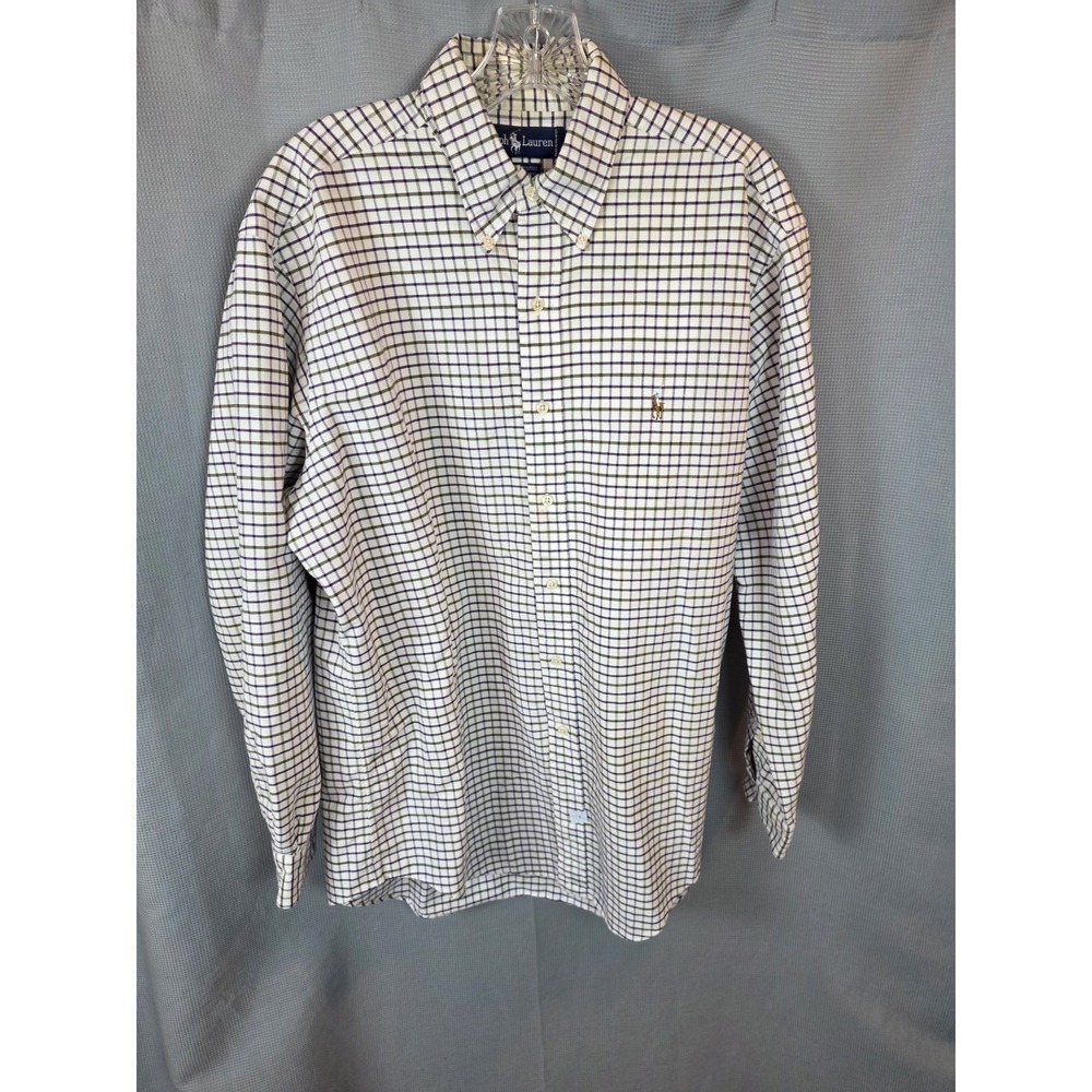 Vintage Ralph Lauren Yarmouth Oxford Shirt Mens 16 35 White Green Purple Plaid